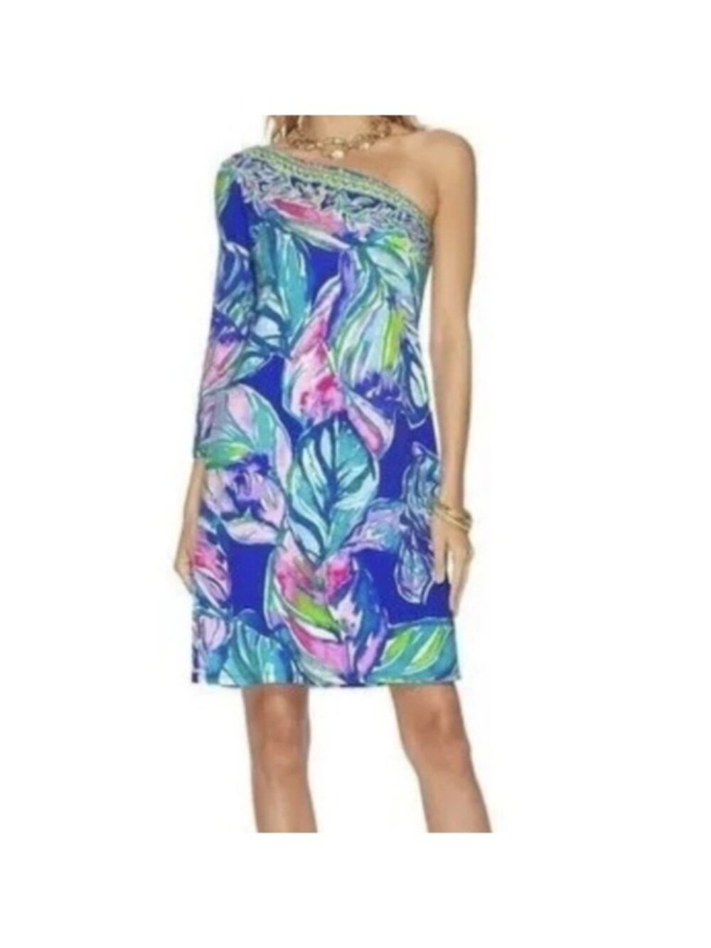 Lilly Pulitzer Womens Sz XL Petra One-Shoulder Dress Blue & Pink Tropical Prin